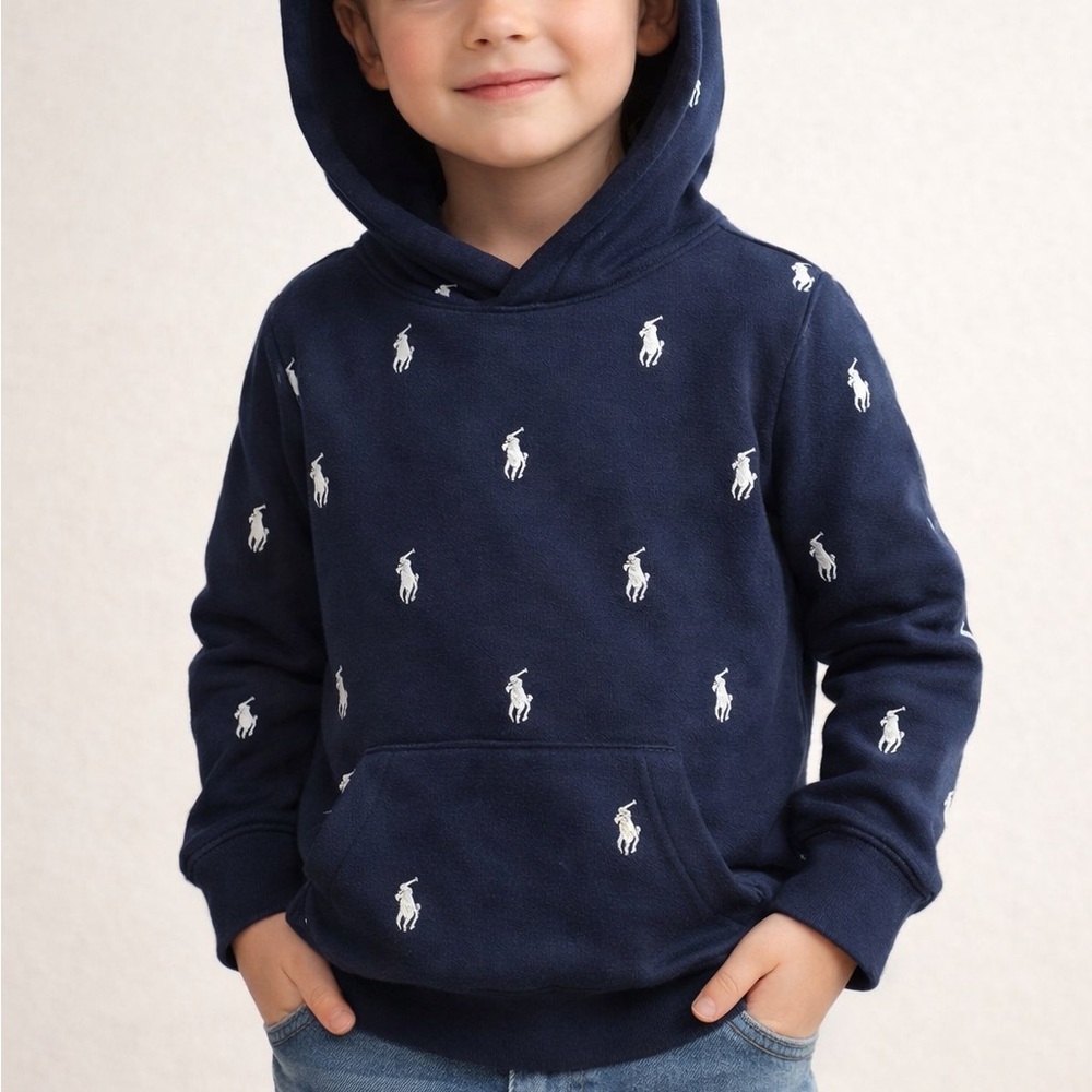 Polo‎ Ralph Lauren Boys Navy All Over logo Pony Logo Hoodie Size 6 preppy comfy